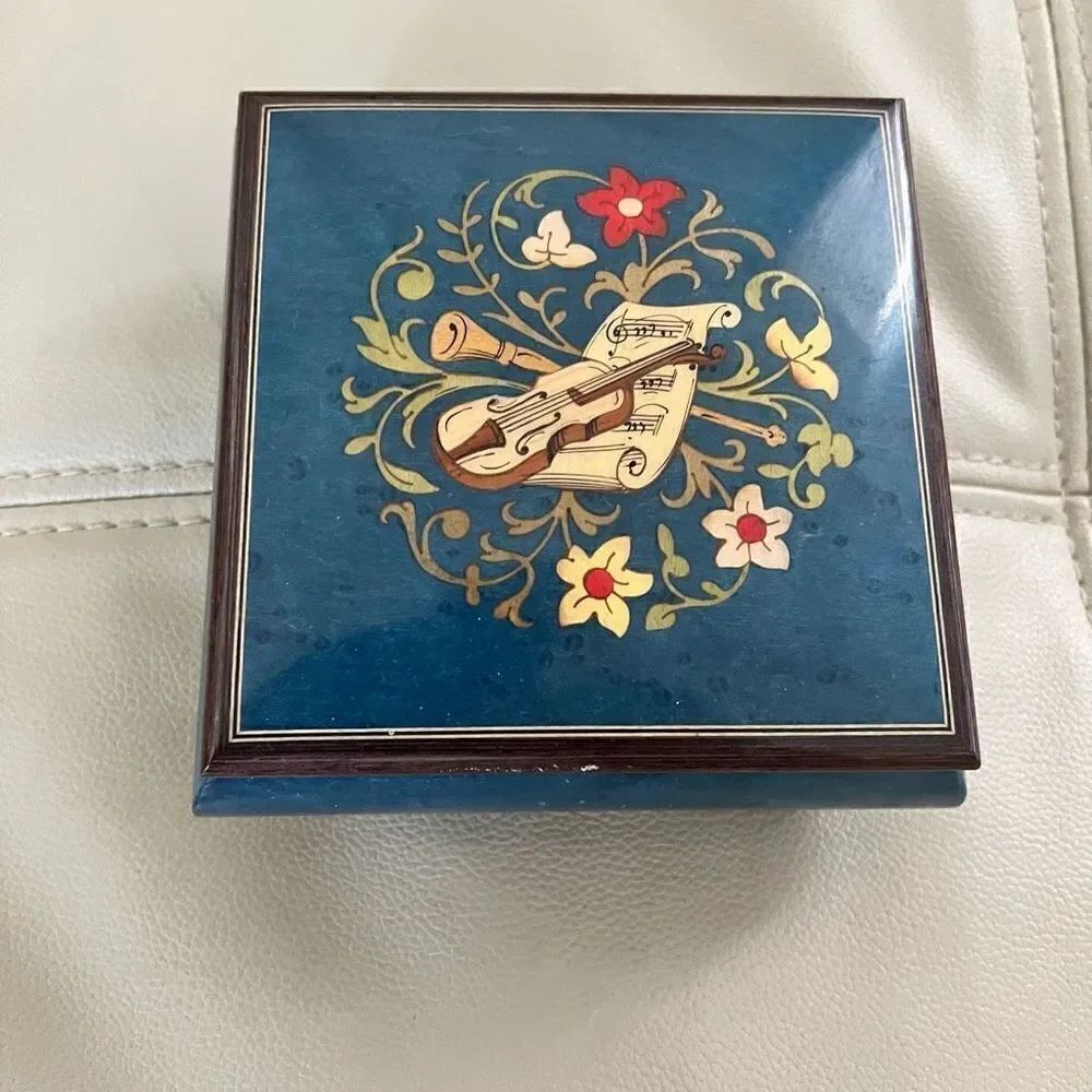 Vintage Italian Inlay Dark Blue Musical Jewelry Box